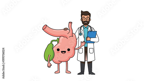 Caring male doctor stands next to a happy personified stomach and gallbladder character to represent digestive health and medical gastro care.