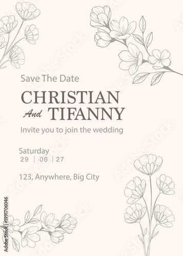 Elegant Wedding Invitation Card with Botanical Line Art Floral Design