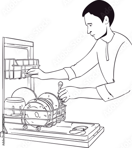 Man loading the dishwasher. Black and white vector illustration.