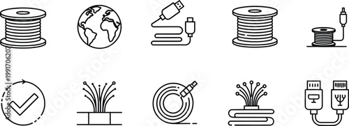 Cables and fiber optic connectivity icons demonstrate modern telecommunications and data transmission infrastructure systems.