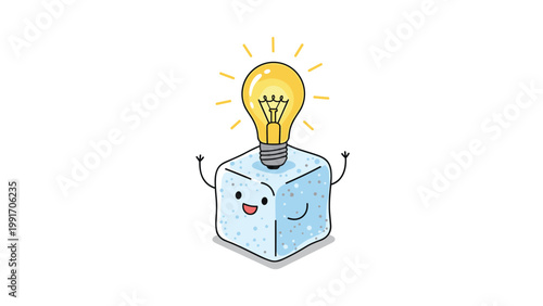 Happy cartoon sugar cube character is holding a glowing lightbulb over its head to represent energy or a sweet idea in a fun vector graphic.