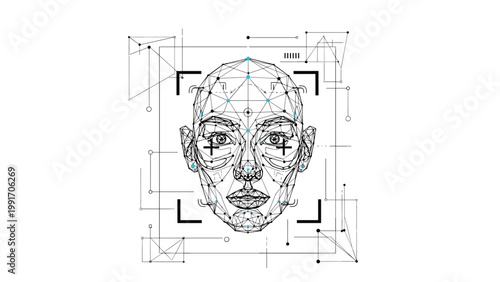 High tech facial recognition system is shown with a wireframe human face being scanned by digital markers and lines for security concepts.