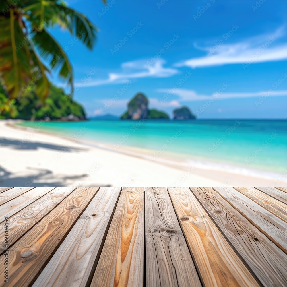 Fototapeta premium Wooden deck overlooking a tropical beach scene