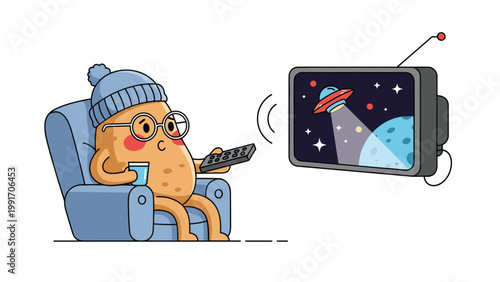 Cute cartoon potato character wearing a blue beanie and glasses sits in an armchair while watching a science fiction movie about ufos on tv.