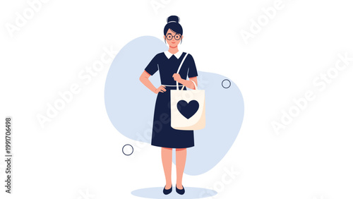 Stylish young woman wearing glasses and holding a reusable cotton tote bag with a heart symbol for eco friendly shopping concepts.