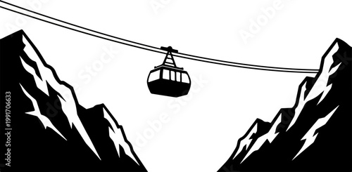 Mountain Cable Car Silhouette with Gondola Lift Between Rugged Peaks Metaphor for Alpine Travel and High Altitude Adventure Vector Illustration