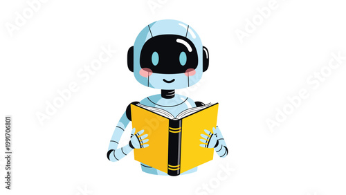 Intelligent cute robot character sitting and reading a large yellow book to symbolize artificial intelligence learning and education.