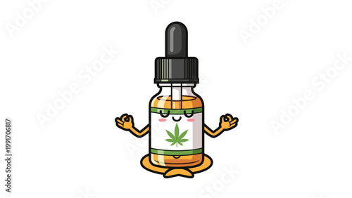 Calm cartoon dropper bottle with a cannabis leaf meditating in a lotus pose to represent the relaxing effects of cbd oil products.