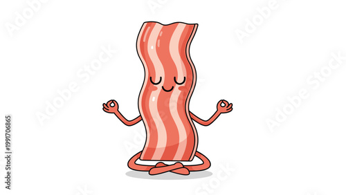 Cute cartoon bacon strip character sitting in a cross legged meditation pose for a humorous take on healthy living and mindfulness.