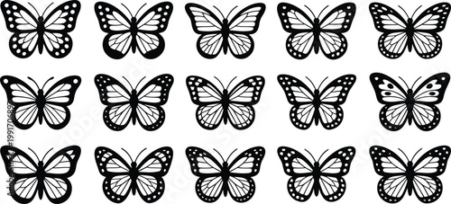 Set of black butterfly silhouettes vector icons collection for elegant nature decoration laser cutting engraving vinyl decals and stickers