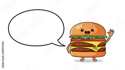 Delicious cartoon double cheeseburger character waving while standing next to a large blank speech bubble for food menu promotions.