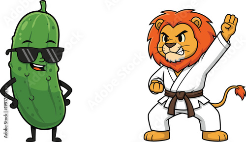 Funny Cucumber and Martial Arts Lion Cartoon Characters Vector Illustration Set with Cool Vegetable Mascot and Karate Fighter Animal for Kids Design