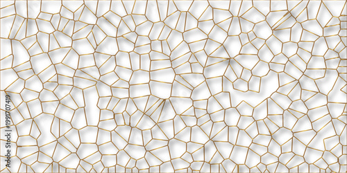 Golden gradient lines stroke abstract white crystalized broken glass background with shadows. Voronoi diagram background. abstract desktop texture design digital art wallpaper, vector illustration.