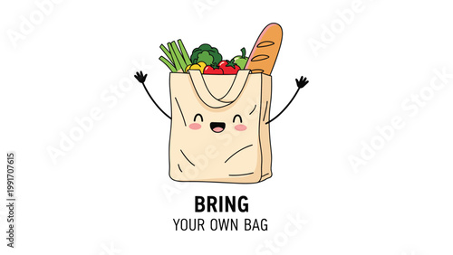 Cute reusable shopping bag mascot filled with fresh vegetables and bread promoting environmental awareness with an eco-friendly message.