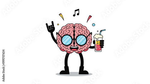 Fun cartoon brain character wearing blue sunglasses and holding a cold beverage while making a rock and roll hand sign gesture.
