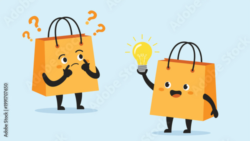 Two orange paper shopping bag characters demonstrating a clear contrast between confusion and having a bright creative idea with a light bulb.