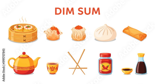 Colorful cartoon illustration featuring various dim sum items and accompaniments