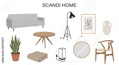 Collection of Scandi Home furniture and decor items against a white background
