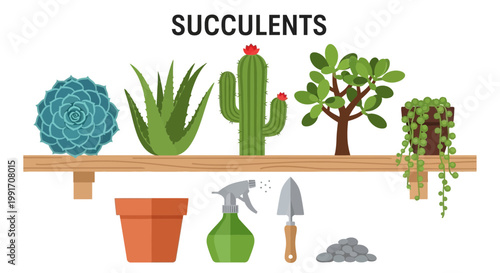 Illustration of various succulents on a wooden shelf with gardening tools below
