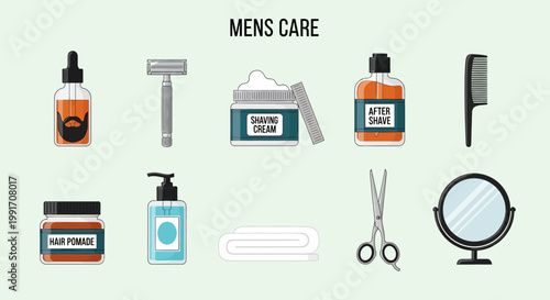 Flat icon set illustrating various mens grooming and hair care products