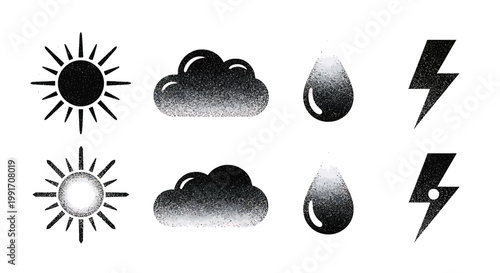 Weather icons, black and white, sunny, cloudy, rainy, stormy symbols, vector graphics