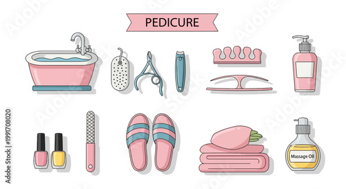 Pedicure supplies illustrated in pink and blue tones including a tub tools and lotions