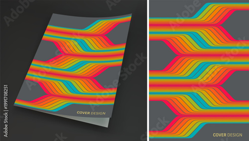 Paperback book mockup. Cover design template. Geometric pattern. Background of colored lines with cuts in places. Retro style. Dynamic ribbons. Color gradient. Vector for brochure, notebook, notepad.