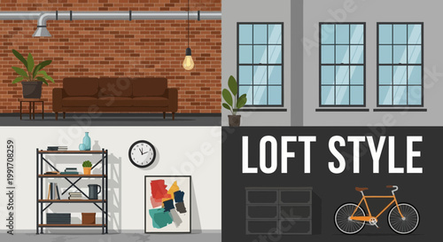 Fourpanel graphic illustrating loft style interior design elements