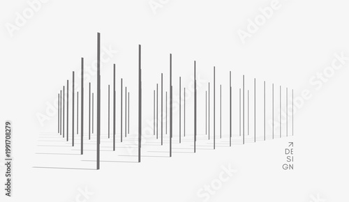 A multitude of ordered vertical lines in the spatial perspective. Shadows create depth and volume. Rhythmic movement. Abstract columns. Geometric architectural style. Minimalistic design. Copy space.