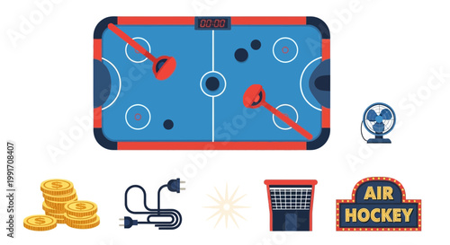 Collection of air hockey game elements including table pucks goal fan money and power cord