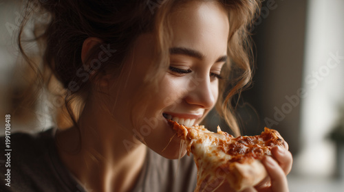 Happy woman enjoys a good Italian pizza