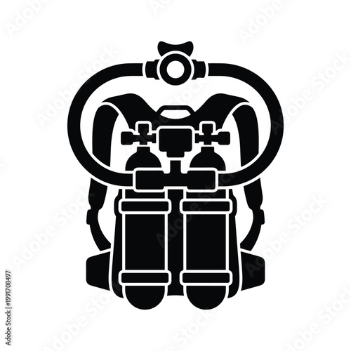 Black silhouette of a double cylinder rebreather scuba diving apparatus with hoses and straps