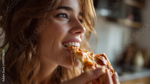 Beautiful woman eating Italian pizza