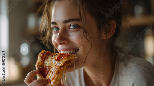 A young Italian woman eating Italian pizza