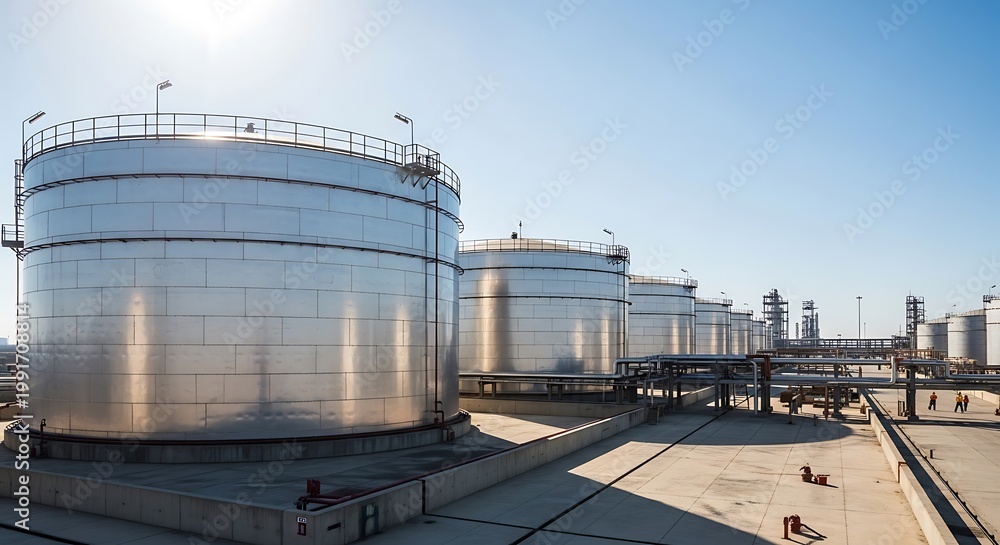 Obraz premium Massive Industrial Storage Tanks Lined Up Outdoors