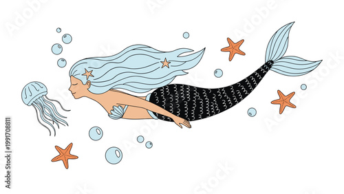 Beautiful mermaid swimming underwater among colorful starfish, a jellyfish, and bubbles in a whimsical illustration for children.