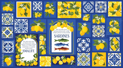 Mediterranean pattern with lemons, blue ceramic tiles, and sardines italian style vector illustration for kitchen decor, wallpaper, or textile design