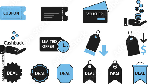 Various discount and payment icons representing savings and offers