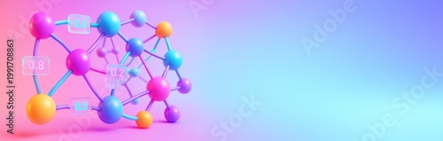 Abstract molecular structure with colorful connected spheres and data nodes o...