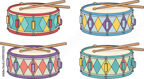 Colorful marching band drums with wooden drumsticks in a playful illustration