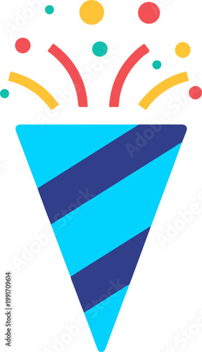 Party popper icon with blue striped cone shooting confetti for festive event concept