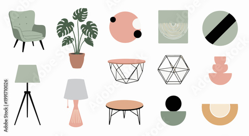 A collection of abstract shapes and home decor elements in a muted color palette