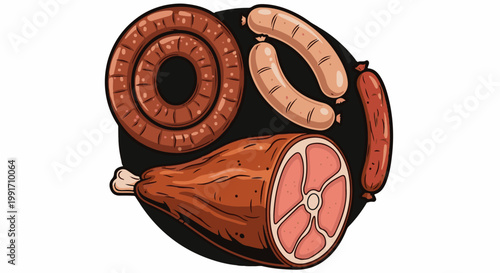 A collection of assorted meat products including a large cured ham and various sausages