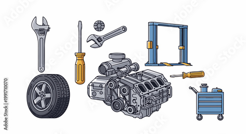 A collection of automotive repair tools and parts, including an engine, tire, wrenches, screwdrivers, and a tool cart