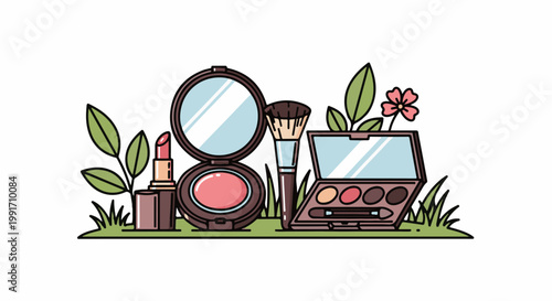A collection of beauty products including lipstick, blush, and eye shadow, with decorative leaves and a flower