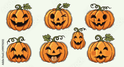 A collection of carved Halloween pumpkins with various happy and playful expressions