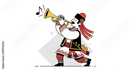 Illustration of a Ukrainian man in traditional clothing playing a trumpet.