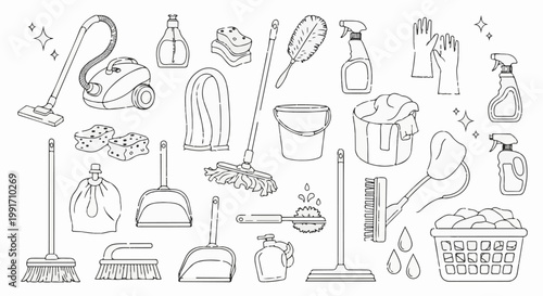 A collection of cleaning tools including brooms, mops, sponges, and sprays