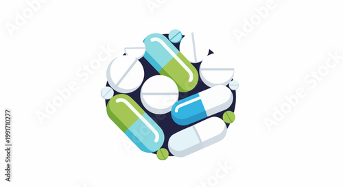 A collection of colorful pills and capsules arranged in a circular pattern on a dark background