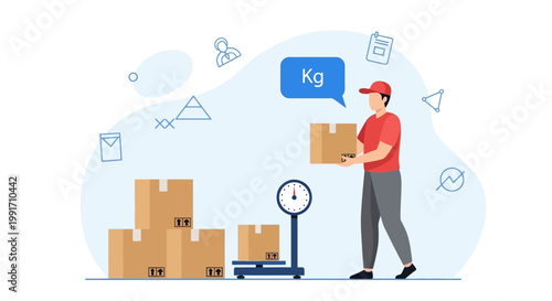 Delivery man weighing packages on a pallet jack with shipping symbols around.